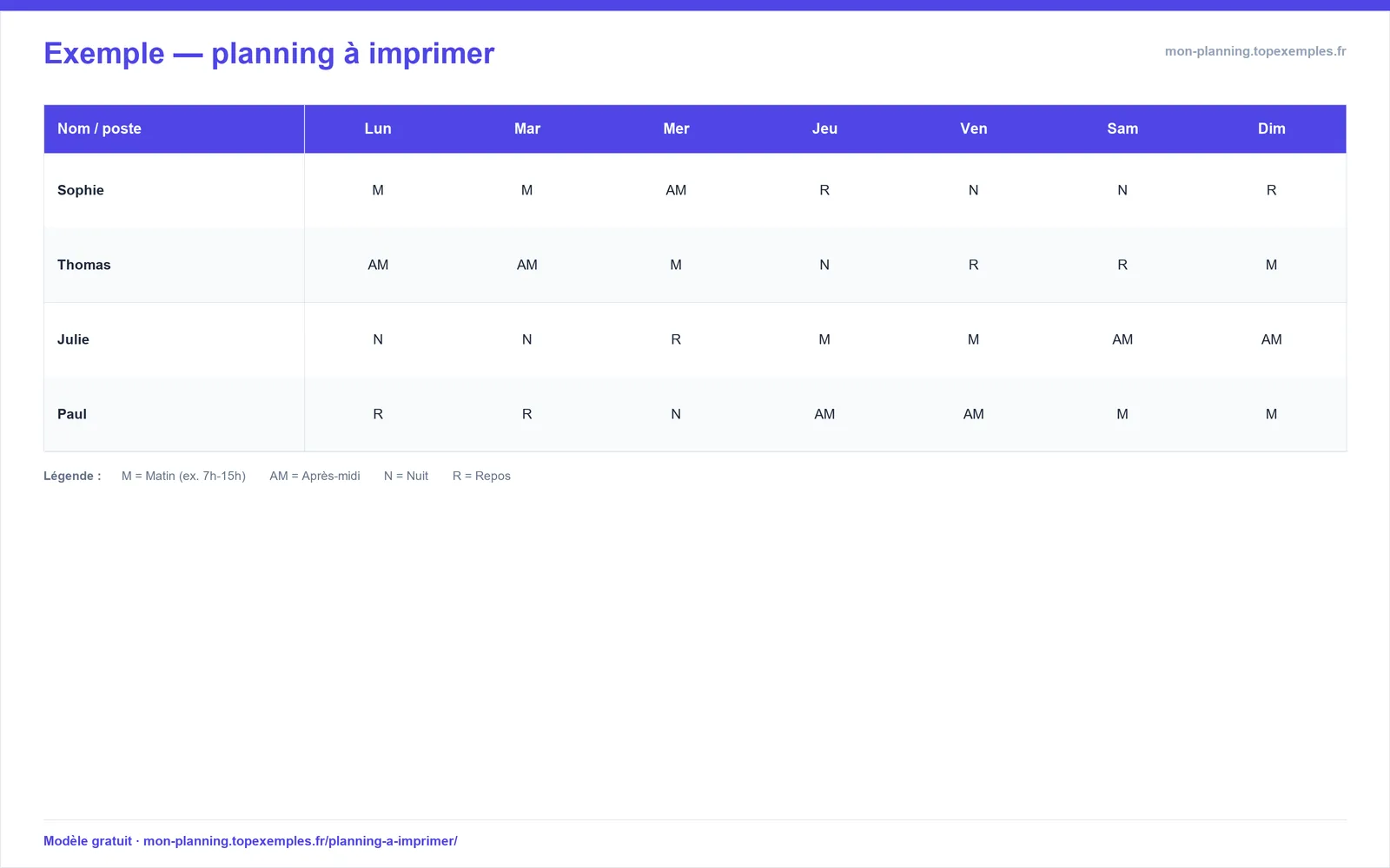 Aperçu : Modèle de planning à imprimer (exemple rempli, modèle gratuit)