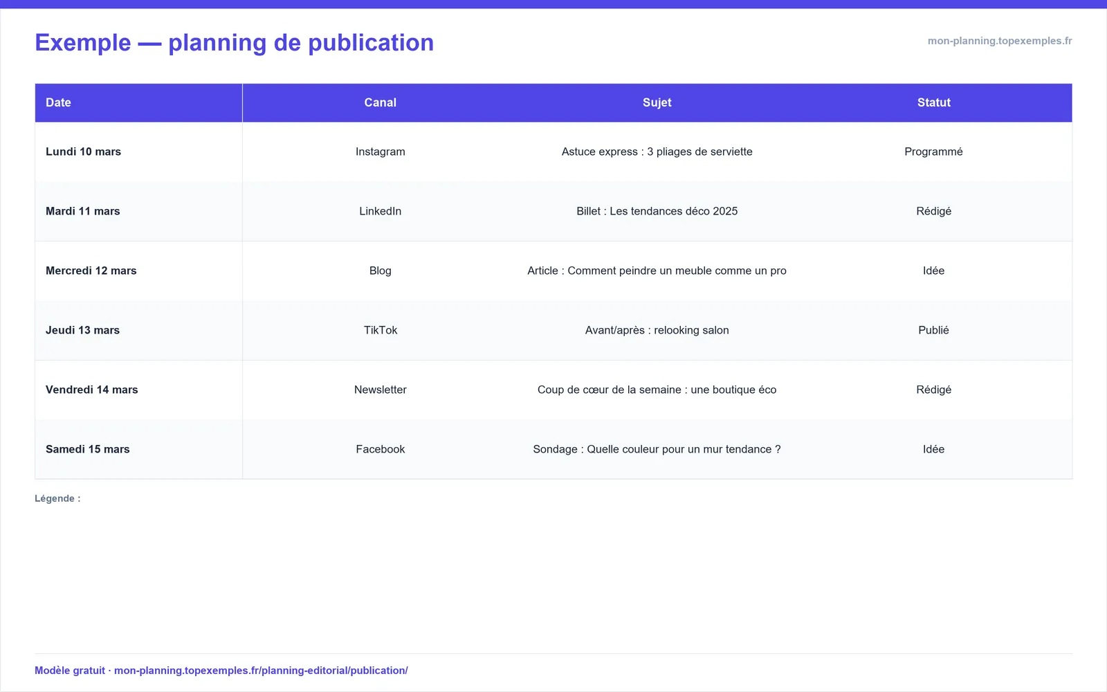 Aperçu : Modèle de planning de publication (exemple rempli, modèle gratuit)