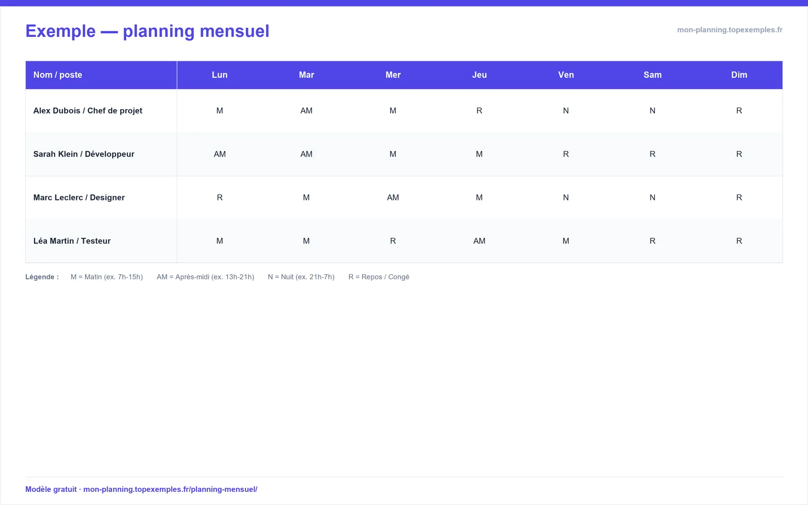Aperçu : Modèle de planning mensuel (exemple rempli, modèle gratuit)