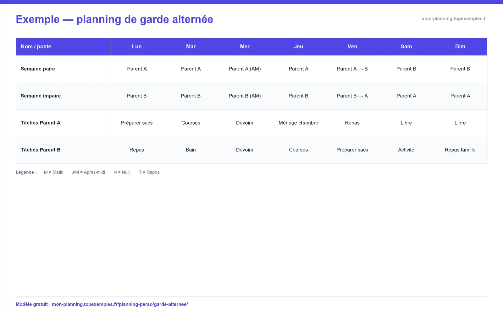 Aperçu : Modèle de planning de garde alternée (exemple rempli, modèle gratuit)