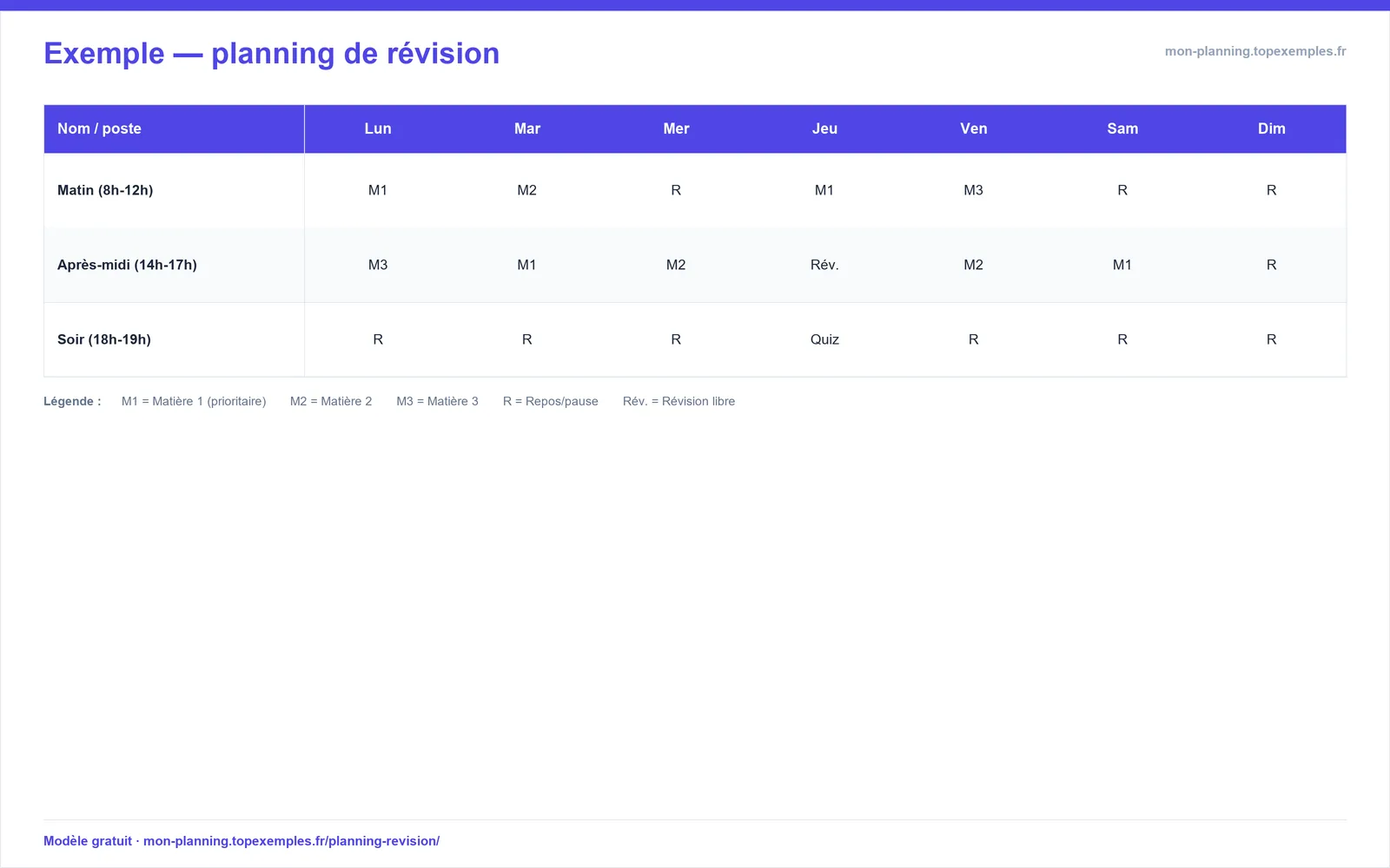 Aperçu : Modèle de planning de révision (exemple rempli, modèle gratuit)