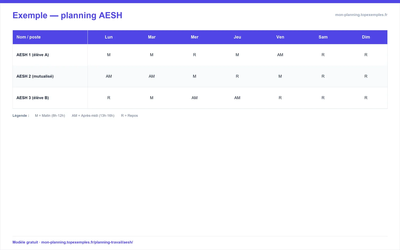 Aperçu : Modèle de planning AESH (exemple rempli, modèle gratuit)