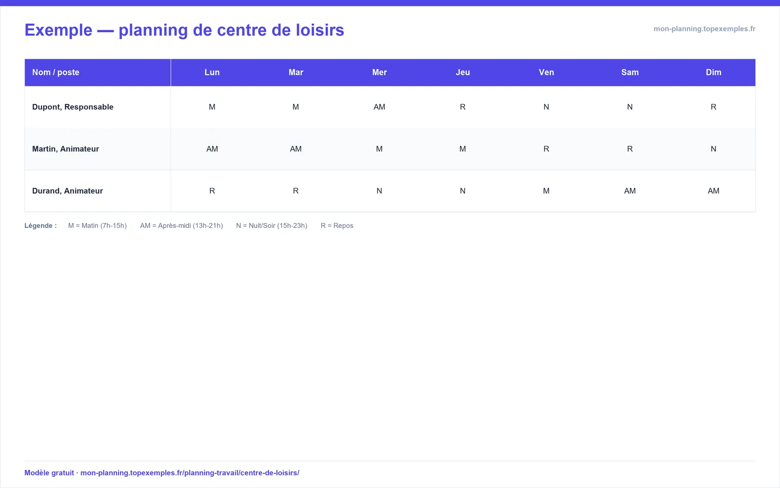 Aperçu : Modèle de planning de centre de loisirs (exemple rempli, modèle gratuit)