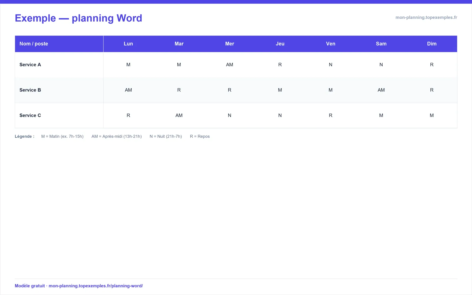 Aperçu : Modèle de planning Word (exemple rempli, modèle gratuit)